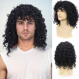 Herrperuk med kort lockigt hår - Värmebeständig sidenfiber, 130 % densitet, elastiskt nät, mjuk och andningsbar, mångsidig för alla tillfällen, handtvättbar - perfekt för Mardi Gras, Thanksgiving, jul