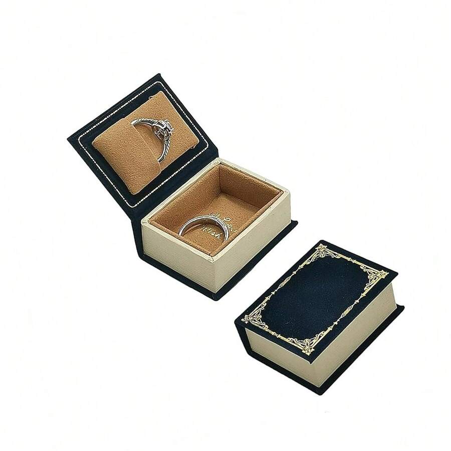 Velvet Book Shaped Ring Box - Vintage Engagement Ring Box With Hinged Lid For Proposal Engagement Wedding, Proposal Ring Case-PRB012-Blue,Blue-Book - 藍皮書 - 查看 1