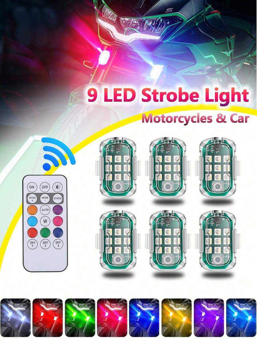 RGB无线9灯LED闪光灯条，带遥控器 - 8种颜色变换模式，USB供电，适用于汽车、卡车、摩托车、无人机、派对和活动