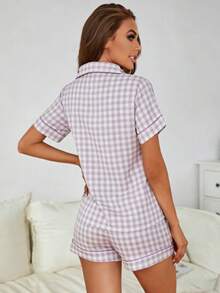 2-Piece Women's Pajama Set With Checkered Bow Print, Cute Sleepwear Set, Short-Sleeved Button-Down Top With Pocket And Comfortable Shorts - 紫色 - 查看 2