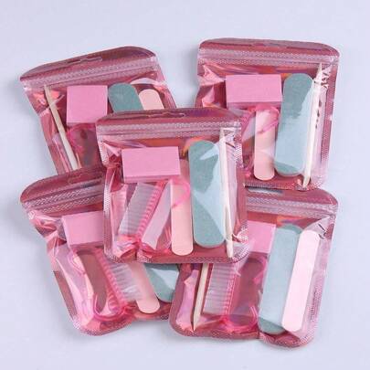 25/5 piezas Kit de herramientas desechables para el cuidado de uñas: Bolsa portátil de cuidado de uñas que incluye lima de uñas mini, bloque de pulido de doble cara, tijeras de madera, cepillo de uñas; Diseño empaquetado individualmente, esencial para viajes y salón, herramientas de limpieza de uñas, adecuado para manicuristas profesionales y domésticos, artículos esenciales para el cuidado de uñas, regalo ideal para amigos, mujeres, San Valentín, boda, Eid, Ramadán, viajes, Día de la Madre
