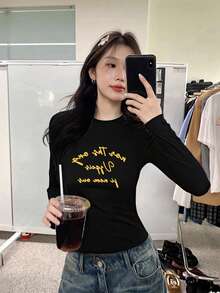 Women's Fitted Short Long Sleeve T-Shirt, Minimalist American Letter Print, Layered With Black Top, Autumn - Black - View 7