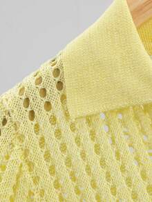GIGOGOU Women's Hollow Out Knitted Polo Shirt Top, Fashionable Breathable Casual Vacation Short Sleeve T-Shirt, Summer - Yellow - View 7
