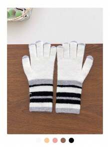 1 paire de gants tactiles arc-en-ciel doublés de thermique, moufles tricotées chaudes à cinq doigts pour femmes, automne/hiver, convient pour le cyclisme, la conduite, la moto - Gants en polaire à rayures colorées - Voir 8