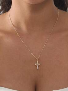 1pc 18K Gold Plated Stainless Steel Women's Delicate Crown Cross Necklace, Inlaid With Cubic Zirconia, Titanium Steel Choker, Love Gift, Religious Jewelry, Valentine's Day Gift For Her - Multicolor - View 10