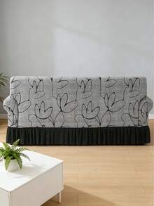 Elastic Sofa Cover With Pleated Skirt - Gray Leaf Printed Sofa Protective Cover