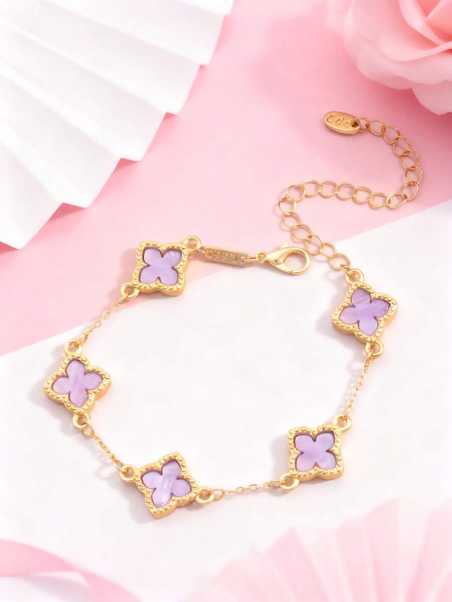 1pc Hollow 4-Leaf Clover Bracelet, Sweet & Cute Design, Suitable For Girls (No Gift Box) - Purple - View 1