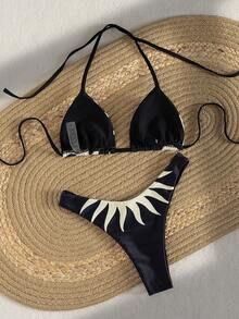 女士两件式泳衣套装，图腾印花性感比基尼，海滩度假装，适合春夏季节、海滩、泳池派对 - 黑與白 - 查看 4