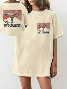 Unisex Washed Distressed T-Shirt Cotton Blend Casual Oversized Tee. Women'S Vintage 192s Retro Skull & 9'S Country Graphic T-Shirt - Double-Sided - 杏色 - 查看 1