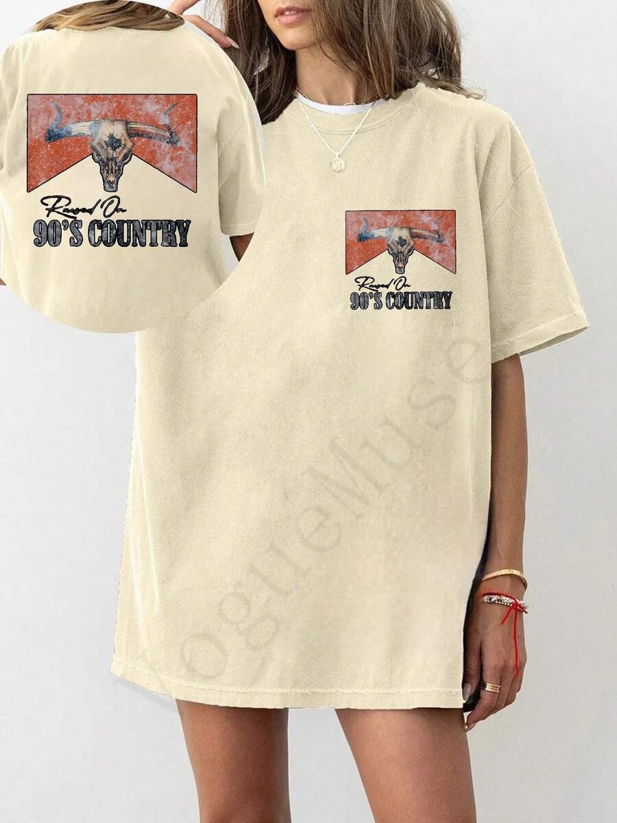 Unisex Washed Distressed T-Shirt Cotton Blend Casual Oversized Tee. Women'S Vintage 192s Retro Skull & 9'S Country Graphic T-Shirt - Double-Sided - 杏色 - 查看 1