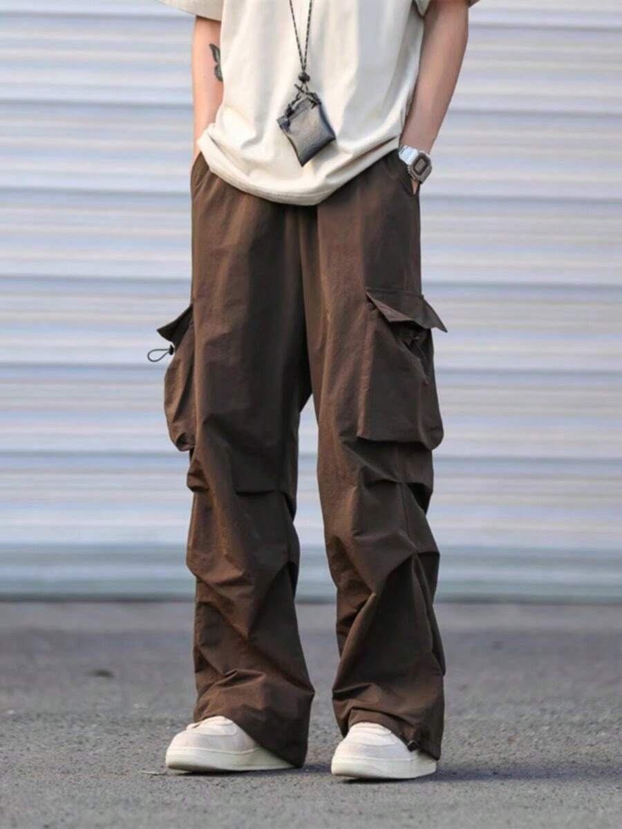 Pantalón paracaidista impermeable de secado rápido y corte holgado Multibolsillos Cintura con cordón Adecuado para actividades de ocio al aire libre - Café integral - Ver 1