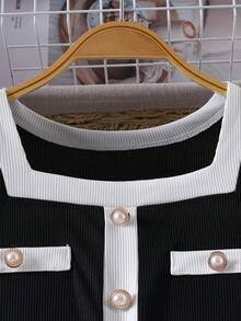 Girls' Summer Dress With Square Collar, Waist Cinched, Mesh Patchwork Princess Dress - Black and White - View 5