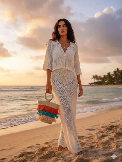 LACY KNIT Two Pieces SET REFLECTING SUMMER ELEGANCE