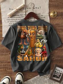 1pc Boys' Casual Printed Round Neck Short Sleeve T-Shirt, Summer Student Youth Clothing - The T-Shirt With Shan Hai Jing Print Brings Joy And Happiness To Every Child! TUNG TUNG TUNG SAHUR - Dark Grey - View 3