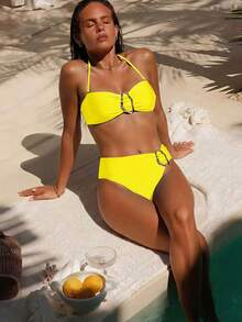 Miturn 女士纯色抹胸比基尼套装，饰有金属装饰，适合海岛度假、摄影和游泳 - 黃色 - 查看 6