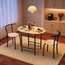 Flamaker Furmax 3 Piece Wood Round Table & Chair Set For Dining Room Kitchen Bar Breakfast, With Wine Storage Rack, Space Saving - 黑與白 - 查看 5