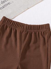 2件套女婴可爱时尚大蝴蝶结装饰短袖T恤上衣和条纹喇叭裤套装，春夏休闲装 - 棕色 - 查看 7