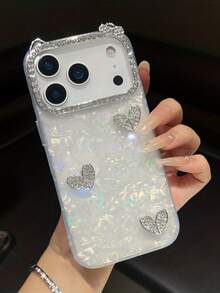 奢华时尚3D水钻爱心激光贝壳图案猫耳手机壳,兼容 17 Pro Max 17 Pro 16 15 Pro Max 13 14 Pro 17 Air 15 Plus 12 11,闪亮防摔保护套,情人节礼物 - 白色 - 查看 4