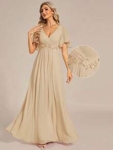 V-Neck Embroidered Ruffle Sleeve Pleated Chiffon Bridesmaid Dress, Formal Dress, Wedding Guest Dress - Champagne - View 4