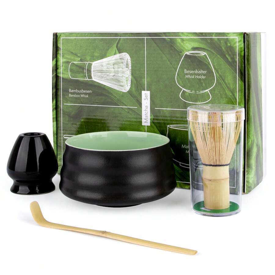 Matcha Tea Sets, Available In Various Styles, Include Tea Ceremony Accessories. Made Of High-Quality Porcelain And Natural Bamboo, These Sets Make Thoughtful Gifts For Tea Lovers, Perfect For Home, Office, Or Matcha Cafes. - 4件套-黑色 - 查看 1