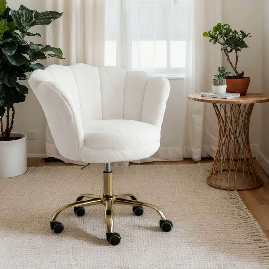 WAHSON OFFICE CHAIRS Home Office Chair, Swivel Chair Made Of Velvet, Height-Adjustable Desk Chair, Office Chair With Petal Backrest, Gilded Base, Armchair For Bedroom/Dressing Table - 白色 - 查看 1