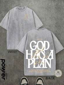 Jesus Tee God Has A Plan Graphic Tee Double-Sided Print Washed T-Shirt Holiday Gifts Y2K Men's Graphic Tees, Street - Style Vintage Washed T - Shirts, 230G Cotton T - Shirts, 100% Pure Cotton, Unisex Graphic Tees Halloween Back To School ShirtsNew Casual T-Shirts For Men And Women - 灰色 - 查看 1