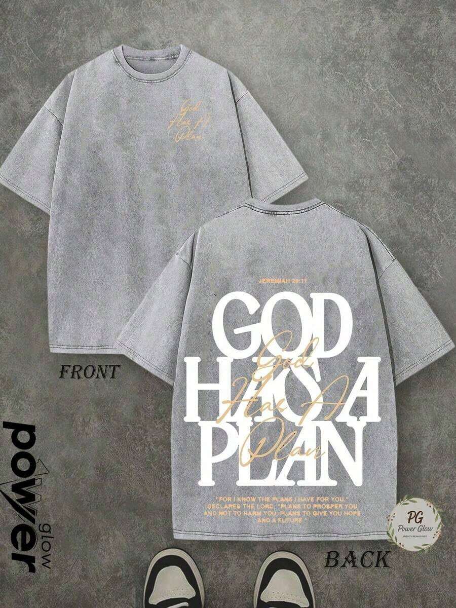 Jesus Tee God Has A Plan Graphic Tee Double-Sided Print Washed T-Shirt Holiday Gifts Y2K Men's Graphic Tees, Street - Style Vintage Washed T - Shirts, 230G Cotton T - Shirts, 100% Pure Cotton, Unisex Graphic Tees Halloween Back To School ShirtsNew Casual T-Shirts For Men And Women - 灰色 - 查看 1