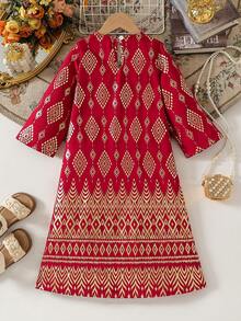 Young Girl' Fashionable Casual Cute Foil + Golden Trim Hem Dress - Red - View 2