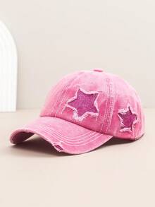 1pc Vintage American Letter Distressed Washed Denim Outdoor Street Tongue Cap, Unisex Versatile Sun Hat, Large Head Circumference Flattering Denim Baseball Cap For Women - Peaked Cap - View 19