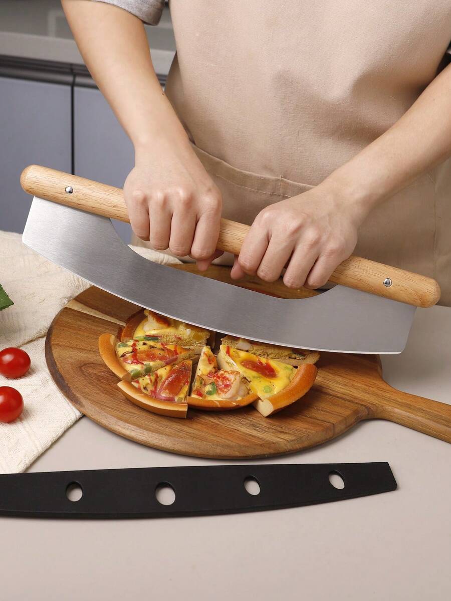 1pc Pizza Cutter With Wooden Handle, Semi-Circle Pizza Roller Knife, Dual Handle For Easy Operation With PP Protective Cover, Wooden Handle Pizza Curved Knife, Half-Moon Pizza & Baking Dough Scraper Knife - Multicolor - View 1