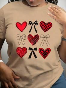 Camiseta casual de mujer con estampado romántico de San Valentín, cómoda camiseta de cuello redondo de manga corta, adecuada para usar en primavera y verano, regalo de San Valentín y atuendo de invierno, adecuada para cualquier ocasión, color sólido, estilo casual, reuniones familiares, uso diario. - Caqui - Ver 1