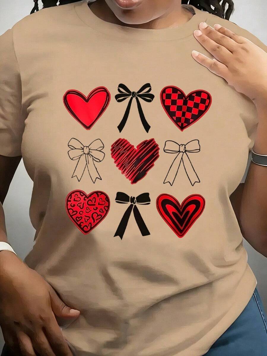 Camiseta casual de mujer con estampado romántico de San Valentín, cómoda camiseta de cuello redondo de manga corta, adecuada para usar en primavera y verano, regalo de San Valentín y atuendo de invierno, adecuada para cualquier ocasión, color sólido, estilo casual, reuniones familiares, uso diario. - Caqui - Ver 1