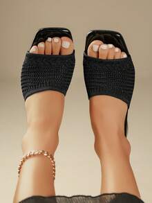 Hàng mới về, sandal cao gót thời trang casual mùa hè, chất liệu vải dệt kim màu đen, thiết kế hở ngón, mũi vuông, gót dày, thoáng khí - màu đen - Xem 9