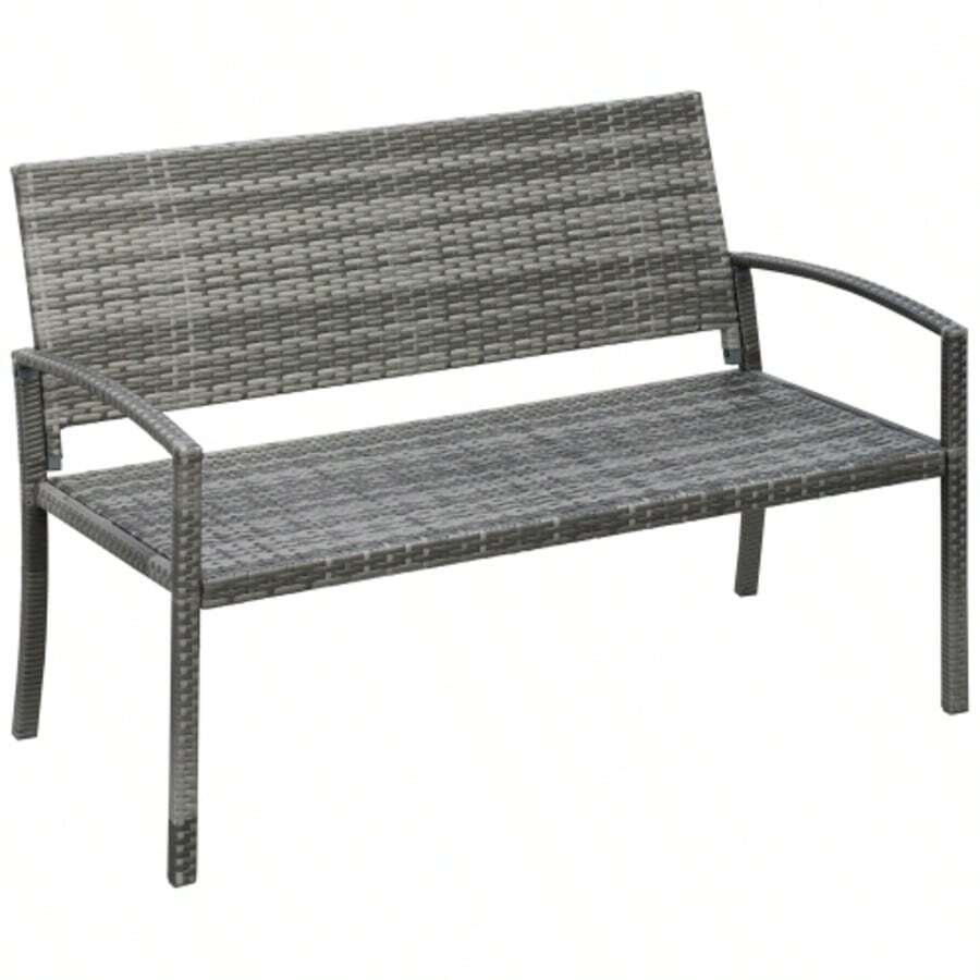 Outsunny Garden Bench, Rattan Look, Park Bench With Steel Frame For 2 People, Balcony Bench, Load Capacity Up To 320 Kg, Grey Garden Furniture