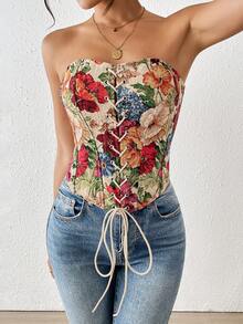 1件优雅复古性感系带艺术印花紧身胸衣，适合派对、感恩节、情人节等场合。 - 彩色 - 查看 6