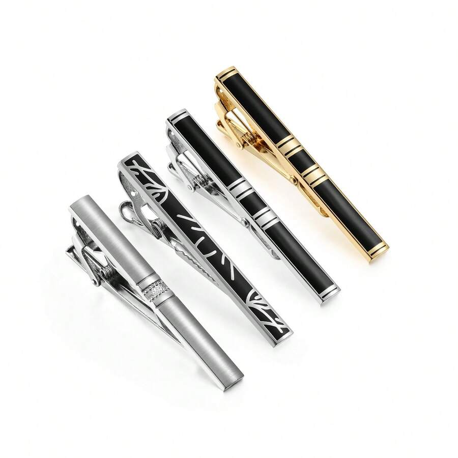 4 件套经典金、黑、银条纹拉丝铜合金男士领带夹，商务领带夹及衬衫西装配饰 - 彩色 - 查看 1