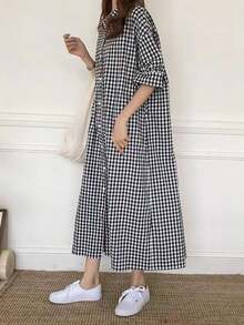 Vestido largo de mujer Vestido camisero de cuadros para mujer, de verano, manga corta, de algodón y lino, extralargo, por encima de la rodilla, holgado y con estilo - Negro - Ver 2