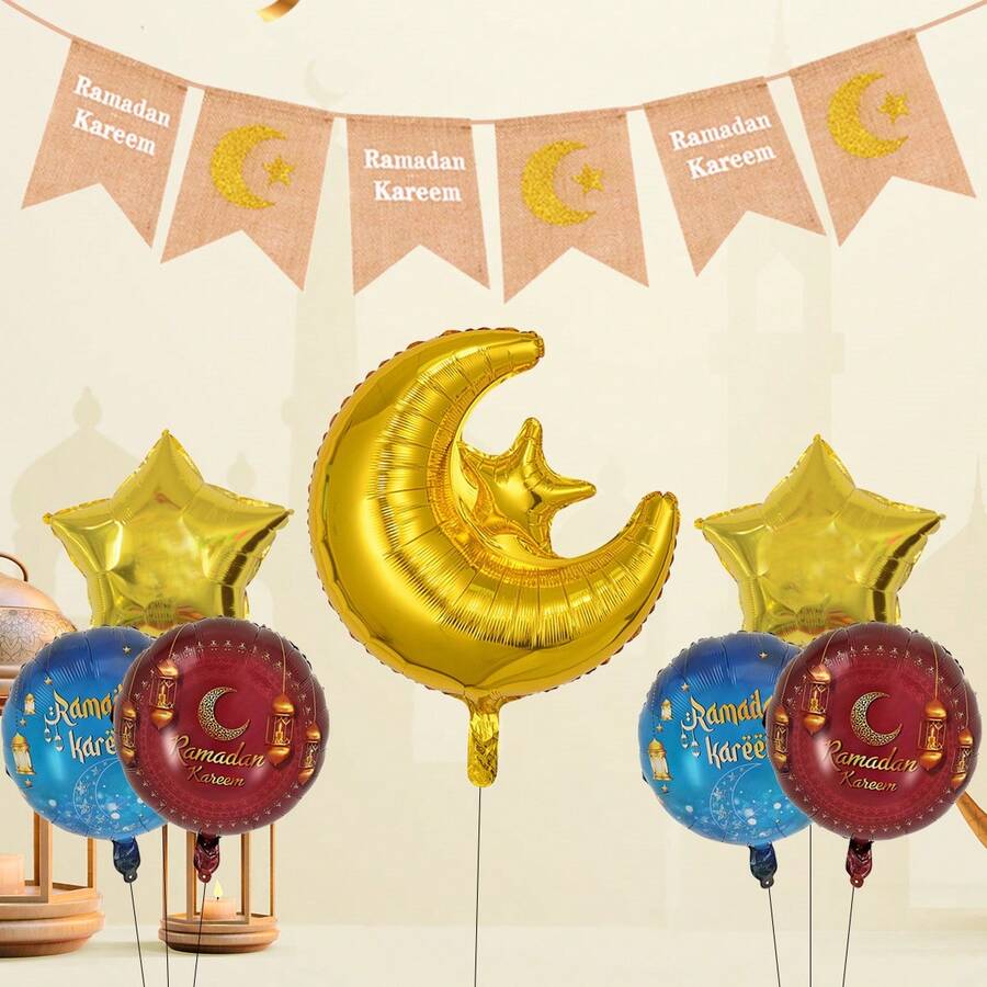 1套斋月星月铝箔气球套装 斋月吉祥亚麻分叉尾横幅 斋月装饰品 - 彩色 - 查看 1