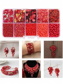 Glass Seed Beads Tube Beads Set, 10 Types Assorted Glass Beads With Sequins For Jewelry Making, Seed Bead Kit For DIY Bracelets, Necklaces, Waist Bead Making Kit Craft Supplies - Đỏ - Xem 1