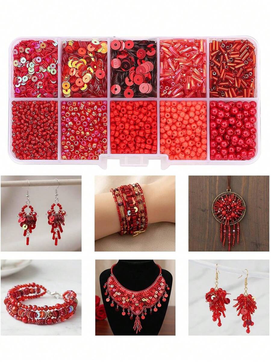 Glass Seed Beads Tube Beads Set, 10 Types Assorted Glass Beads With Sequins For Jewelry Making, Seed Bead Kit For DIY Bracelets, Necklaces, Waist Bead Making Kit Craft Supplies - Đỏ - Xem 1