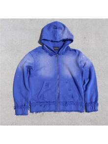 Men's Autumn And Winter   Printed Hooded Zipper Sweater Men's Street Hip Hop Loose Jacket - 藍色 - 查看 3