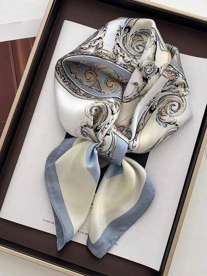 1条女士春夏印花70厘米仿丝小方巾，多功能保暖围巾，适合日常使用