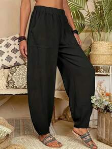 Women's Linen Bohemian Pants - Spring Summer Casual Loose High-Waisted Cargo Harem Pants For Beach Vacation Outfit - 黑色 - 查看 3