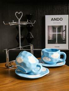 一套高品质手绘云朵咖啡杯碟，陶瓷材质，适合作为礼物，可作水杯、咖啡杯、牛奶杯、茶杯。 - 彩色 - 查看 5