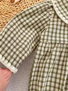 Spring/Autumn Baby Girl Plaid Lapel Long Sleeve Romper, Newborn Infant Bodysuit - Green - View 4