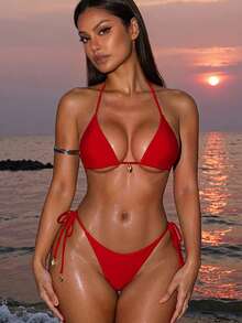 Swim SXY 2pcs/Set Women Solid Color Halter Tie Sexy Bikini Swimwear Set, Summer Beach - Red - View 7