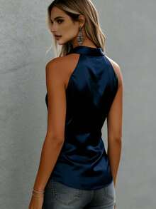 女士时尚吊带露背吊带背心，缎面效果，纽扣系带，常规长度休闲上衣 - 藏蓝色 - 查看 3