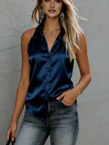 女士时尚吊带露背吊带背心，缎面效果，纽扣系带，常规长度休闲上衣 - 藏蓝色 - 查看 5