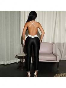 Women's Clothing, Sexy Hottie Contrast Crossback High Waist Jumpsuit - đen-1 - Xem 2