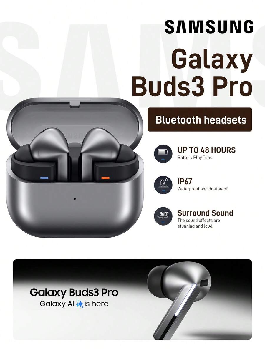 Samsung Galaxy Buds 3 Pro AI True Wireless Bluetooth Earbuds, Noise Cancelling, Sound Optimization, Redesigned Comfort Fit Silver - Silver - View 1